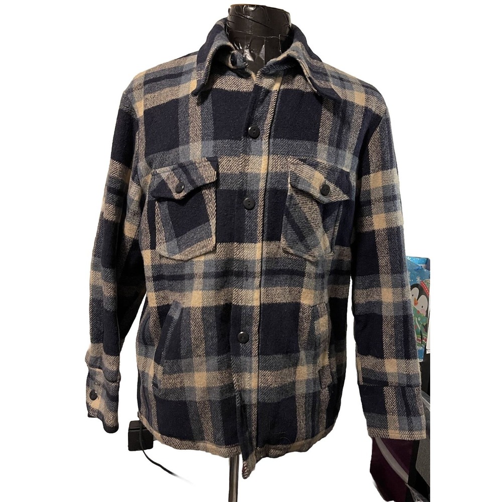 VTG 70s Plaid Wool Barn Jacket Sherpa Fleece Line Shirt Coat Sears 42 Reg